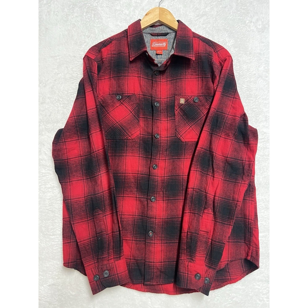 Coleman Red Black Plaid Flannel Shirt Men's Large 100% Cotton Button Front